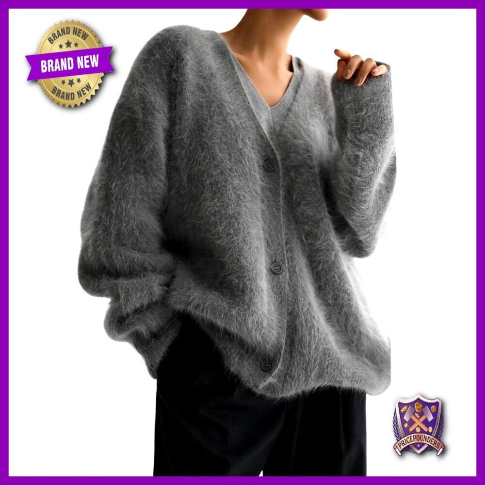 Oversized V-Neck Fuzzy Cardigan Sweater Button Down Long Sleeve Women's